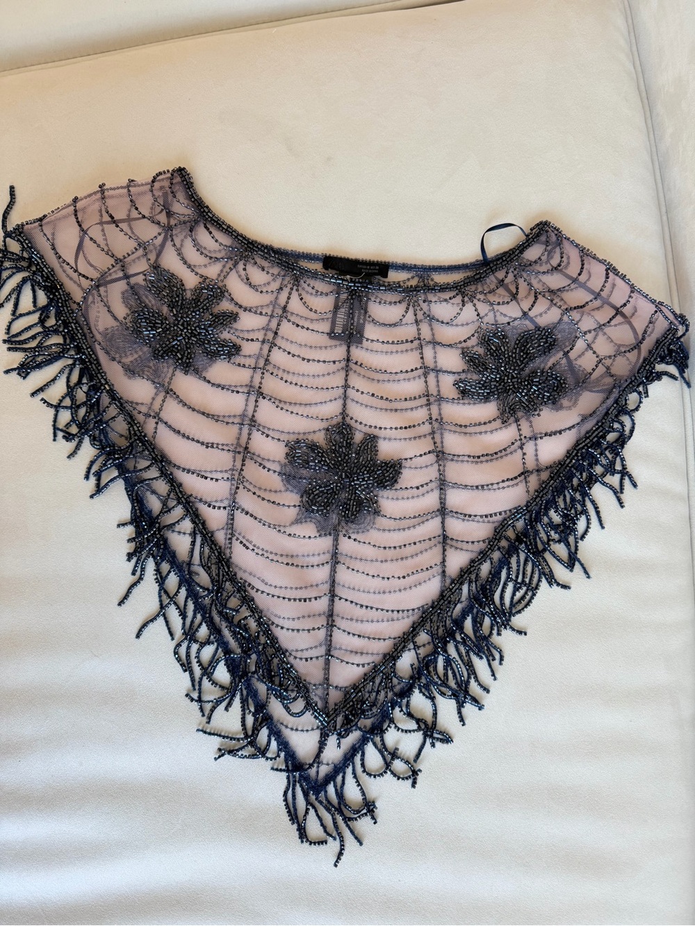 Zara -Beaded Navy Floral Fringe Neck Overlay - Women's Accessory